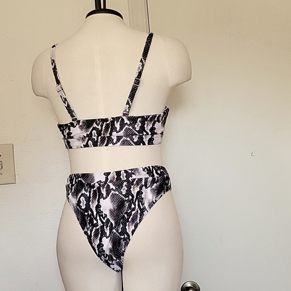 Women High Waisted Bikini Ring Sexy Snakeskin Print Black Piece Swimsuit - Picture 4 of 4